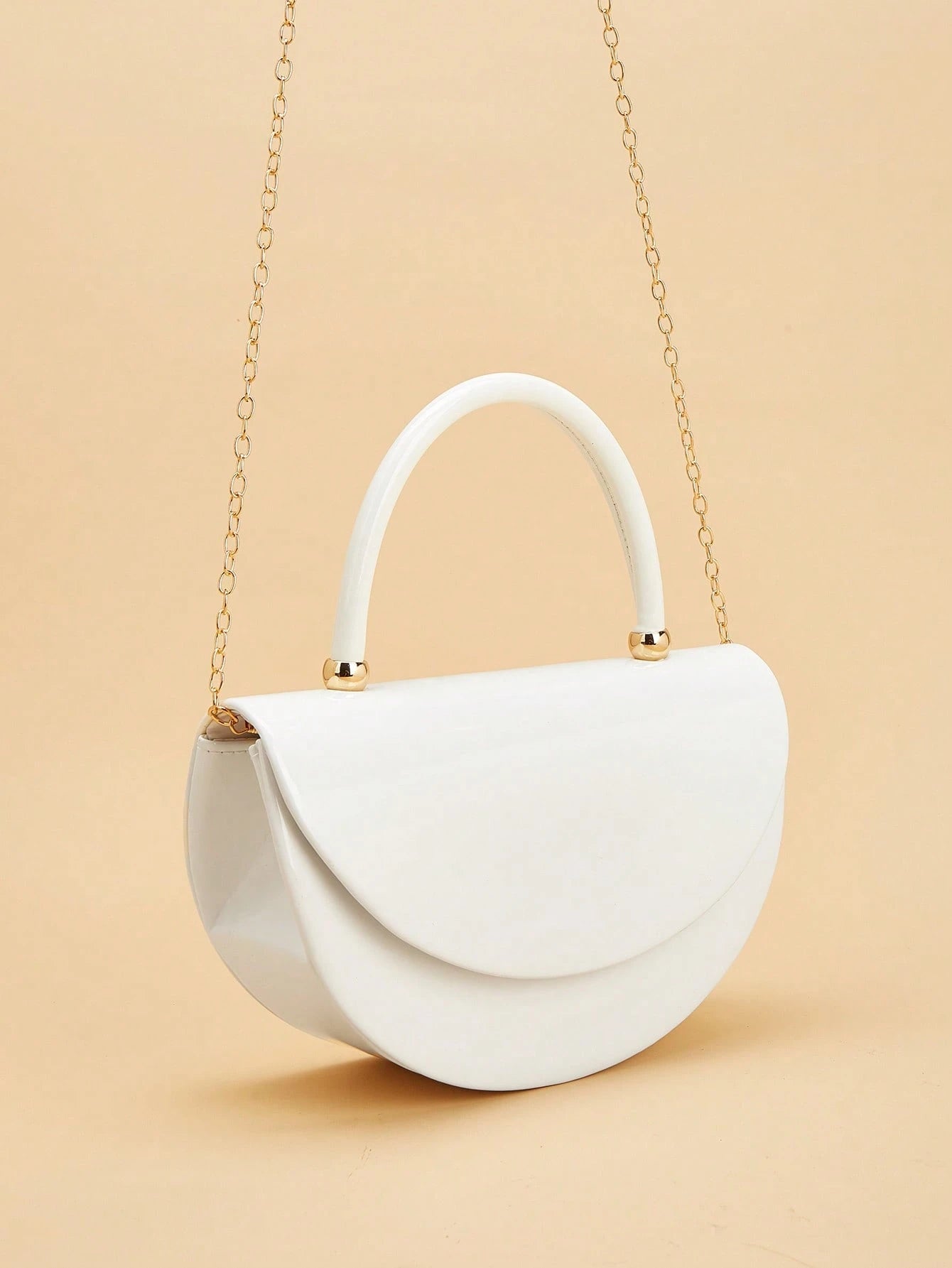REMANLAND Women's White Crescent Shape Handbag, Modern Half Moon Clutch Purse With Structured Top Handle, Elegant Minimalist Evening Bag For Wedding Party