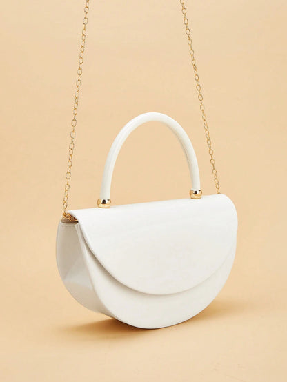 REMANLAND Women's White Crescent Shape Handbag, Modern Half Moon Clutch Purse With Structured Top Handle, Elegant Minimalist Evening Bag For Wedding Party