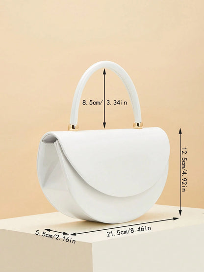 REMANLAND Women's White Crescent Shape Handbag, Modern Half Moon Clutch Purse With Structured Top Handle, Elegant Minimalist Evening Bag For Wedding Party