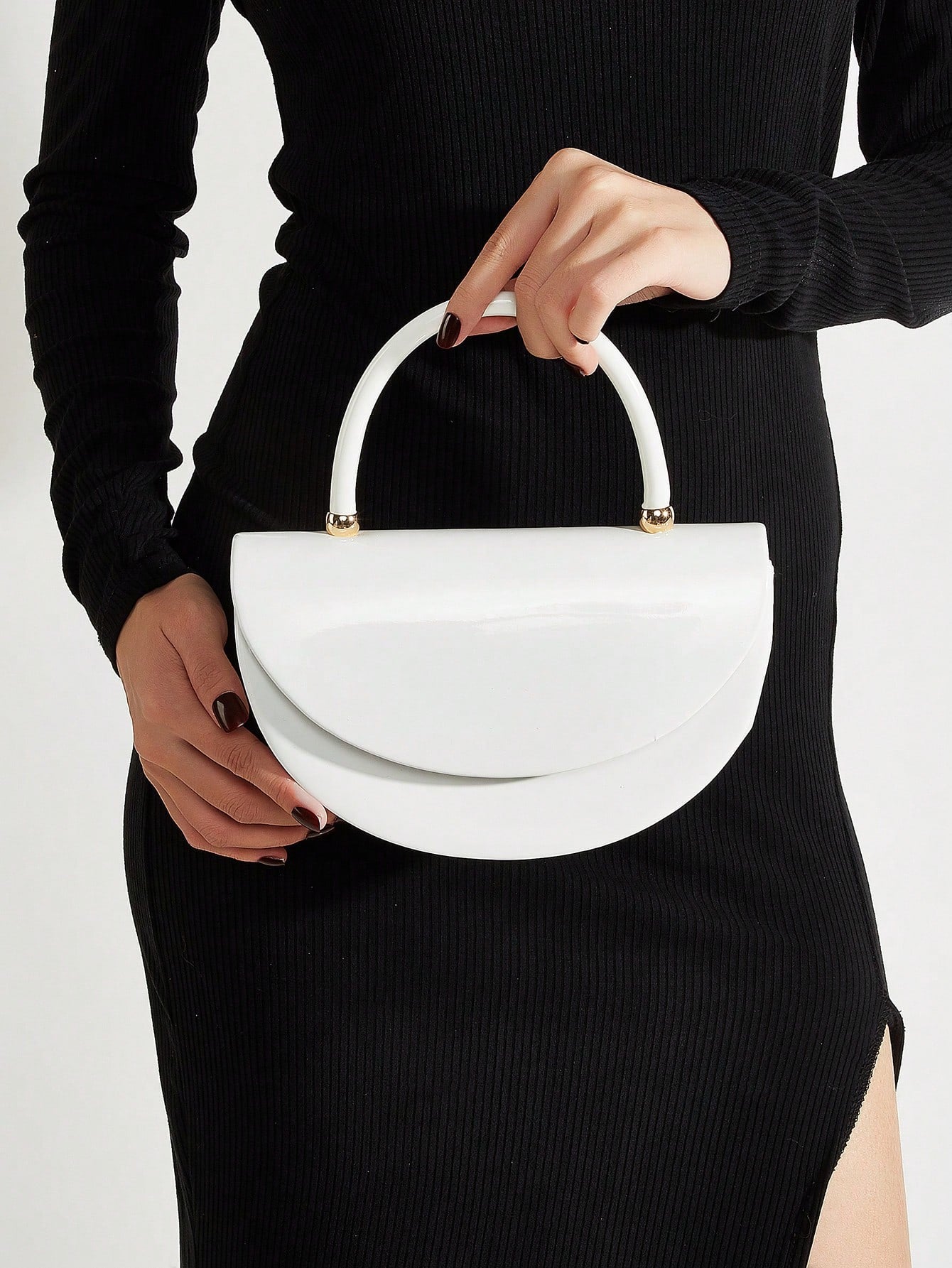 REMANLAND Women's White Crescent Shape Handbag, Modern Half Moon Clutch Purse With Structured Top Handle, Elegant Minimalist Evening Bag For Wedding Party