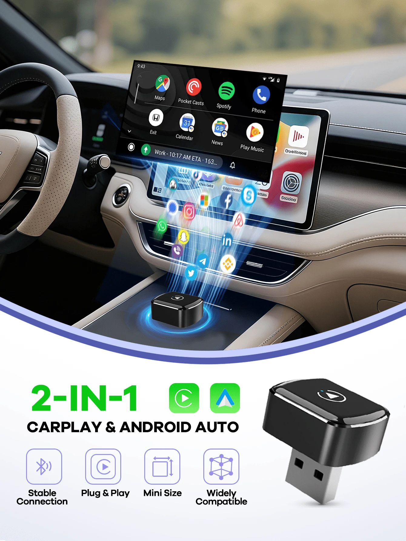 REMAX 2-In-1 Universal Wireless CarPlay & Android Auto; Plug & Play; Fast Stable Connection Compatible With IPhone/Android; Mini & Compact; Car Accessories; Car Stuff
