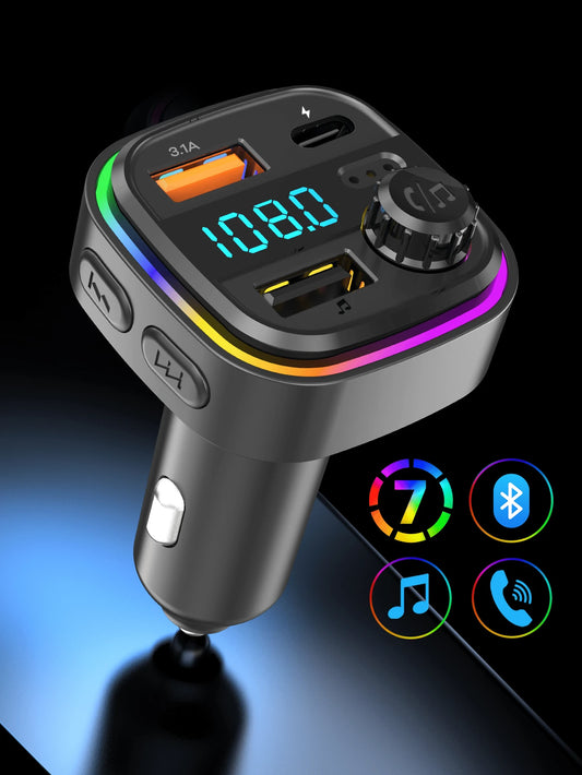 REMAX USB-C Bluetooth Car Adapter & FM Transmitter With Color LED Backlight, 15W Fast Charging With USB-C PD & QC3.0, Built-In HD Mic For Hands-Free Calls, Bluetooth Audio Receiver, MP3 Player, TF Car