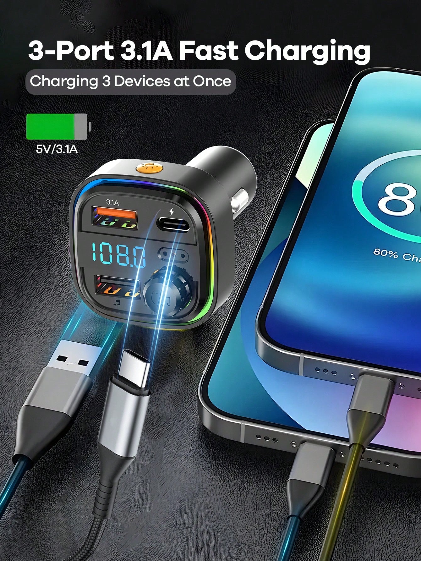 REMAX USB-C Bluetooth Car Adapter & FM Transmitter With Color LED Backlight, 15W Fast Charging With USB-C PD & QC3.0, Built-In HD Mic For Hands-Free Calls, Bluetooth Audio Receiver, MP3 Player, TF Car