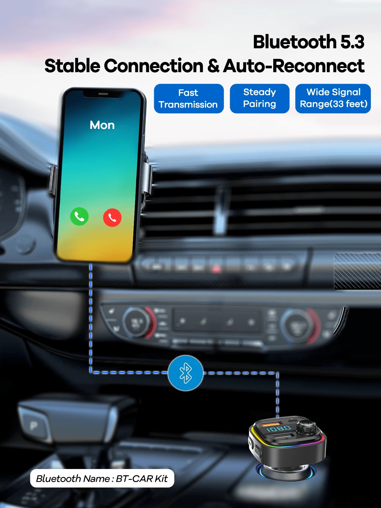 REMAX USB-C Bluetooth Car Adapter & FM Transmitter With Color LED Backlight, 15W Fast Charging With USB-C PD & QC3.0, Built-In HD Mic For Hands-Free Calls, Bluetooth Audio Receiver, MP3 Player, TF Car