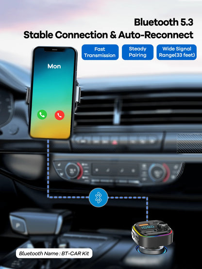 REMAX USB-C Bluetooth Car Adapter & FM Transmitter With Color LED Backlight, 15W Fast Charging With USB-C PD & QC3.0, Built-In HD Mic For Hands-Free Calls, Bluetooth Audio Receiver, MP3 Player, TF Car