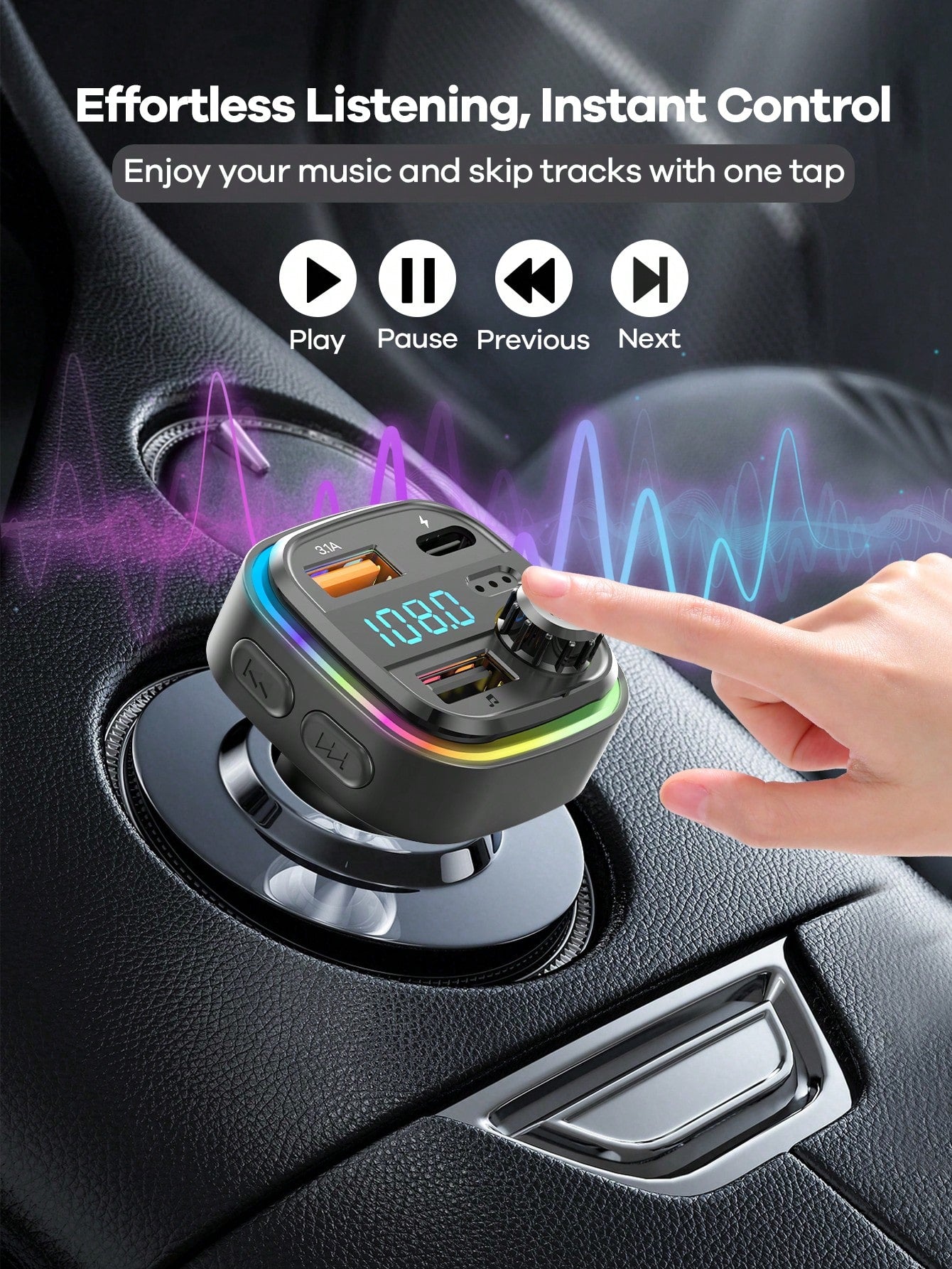 REMAX USB-C Bluetooth Car Adapter & FM Transmitter With Color LED Backlight, 15W Fast Charging With USB-C PD & QC3.0, Built-In HD Mic For Hands-Free Calls, Bluetooth Audio Receiver, MP3 Player, TF Car