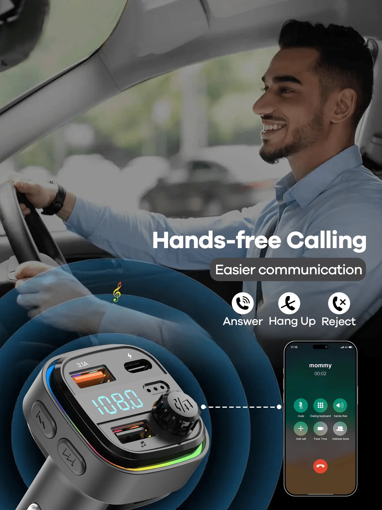 REMAX USB-C Bluetooth Car Adapter & FM Transmitter With Color LED Backlight, 15W Fast Charging With USB-C PD & QC3.0, Built-In HD Mic For Hands-Free Calls, Bluetooth Audio Receiver, MP3 Player, TF Car