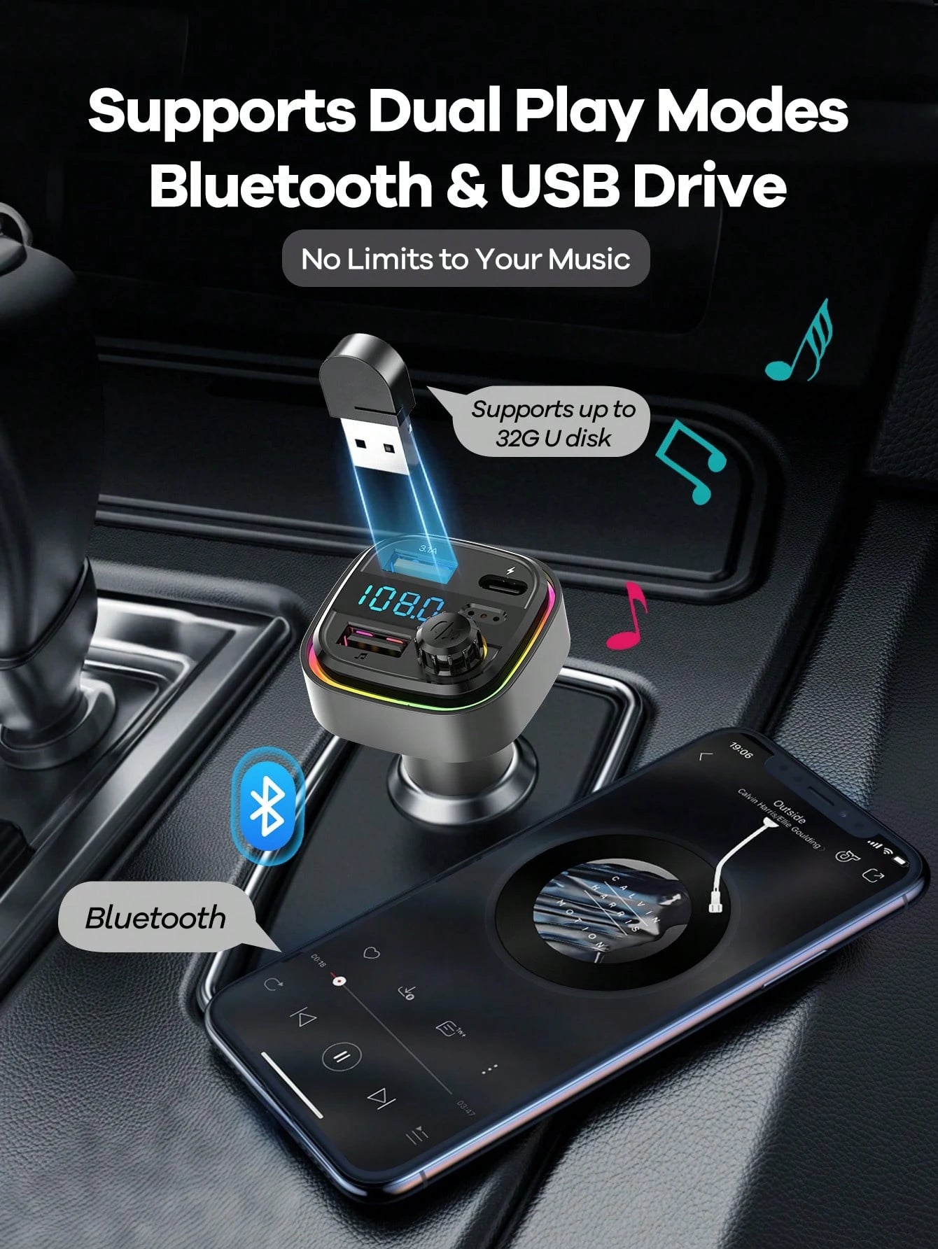 REMAX USB-C Bluetooth Car Adapter & FM Transmitter With Color LED Backlight, 15W Fast Charging With USB-C PD & QC3.0, Built-In HD Mic For Hands-Free Calls, Bluetooth Audio Receiver, MP3 Player, TF Car