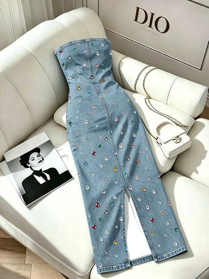 Resyla Rhinestone Decorated Fitted Summer Strapless Dress