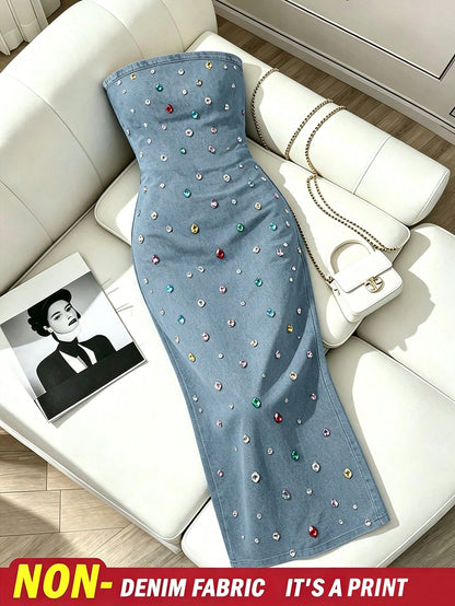 Resyla Rhinestone Decorated Fitted Summer Strapless Dress