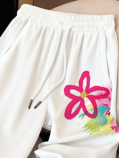 Resyla White Flower Summer Casual Date Watercolor Floral Print Drawstring Wide Leg Pants,Y2K Sweet Girl Colorblock Graffiti Loose Elastic Waist Trousers