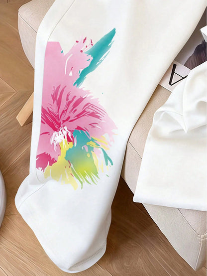 Resyla White Flower Summer Casual Date Watercolor Floral Print Drawstring Wide Leg Pants,Y2K Sweet Girl Colorblock Graffiti Loose Elastic Waist Trousers