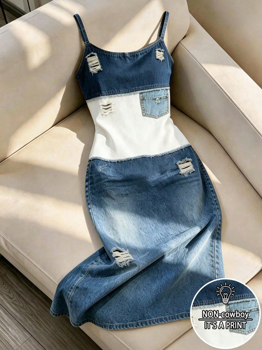 Resyla Women's Denim Effect Patchwork Distressed Style Versatile Camisole Dress