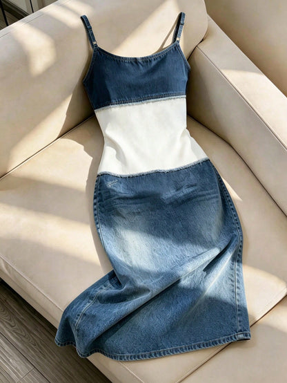 Resyla Women's Denim Effect Patchwork Distressed Style Versatile Camisole Dress