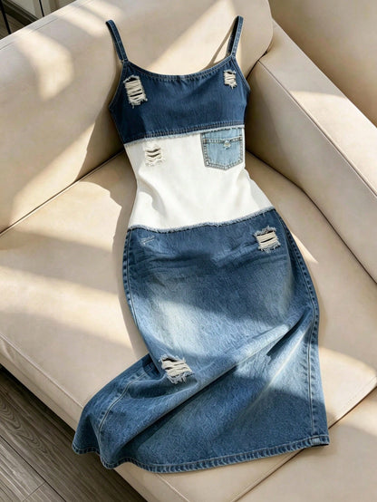 Resyla Women's Denim Effect Patchwork Distressed Style Versatile Camisole Dress