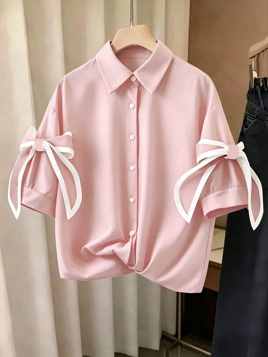 Resyla Women's Elegant Bowknot Decor Loose Fit Drop-Shoulder Blouse, Summer