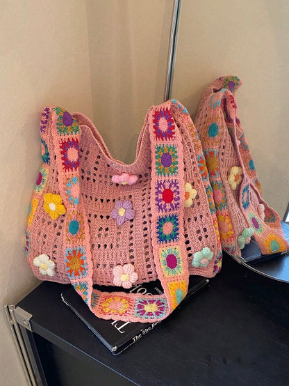 Retro Hollow-Out Floral Contrast Color Casual Crossbody Bag(The Color Position Of Flowers Is Random), Crochet Bags
