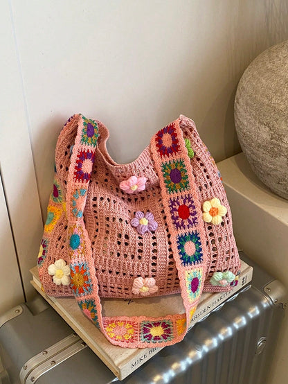 Retro Hollow-Out Floral Contrast Color Casual Crossbody Bag(The Color Position Of Flowers Is Random), Crochet Bags