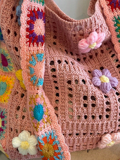 Retro Hollow-Out Floral Contrast Color Casual Crossbody Bag(The Color Position Of Flowers Is Random), Crochet Bags
