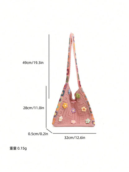 Retro Hollow-Out Floral Contrast Color Casual Crossbody Bag(The Color Position Of Flowers Is Random), Crochet Bags