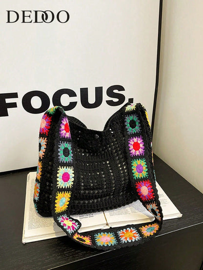 Retro Hollow-Out Floral Contrast Color Casual Crossbody Bag(The Color Position Of Flowers Is Random), Crochet Bags