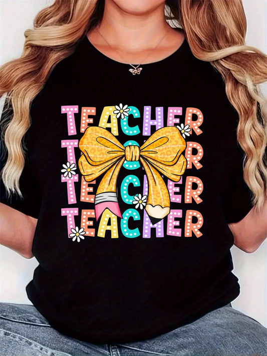 Retro Minimalist Teacher Graphic T Shirt Educational Bow Pencil Print Short Sleeve For Educators Events Teacher Appreciation Gifts Women Size L-5XL