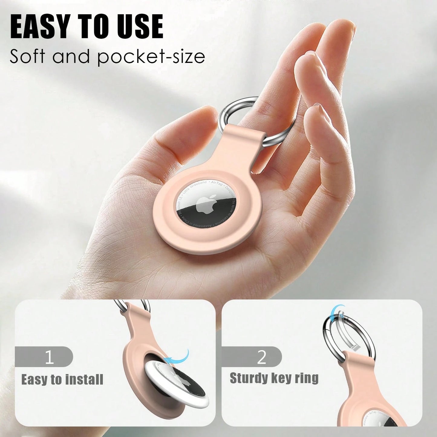 RFUNGUANGO Air Tag Holder With Keychain, [4 Pack] Silicone Air Tag Case Cover With Key Rings For Wallet, Dog Collar, Luggage, And Keys-Black/White/Navy/Sand Pink