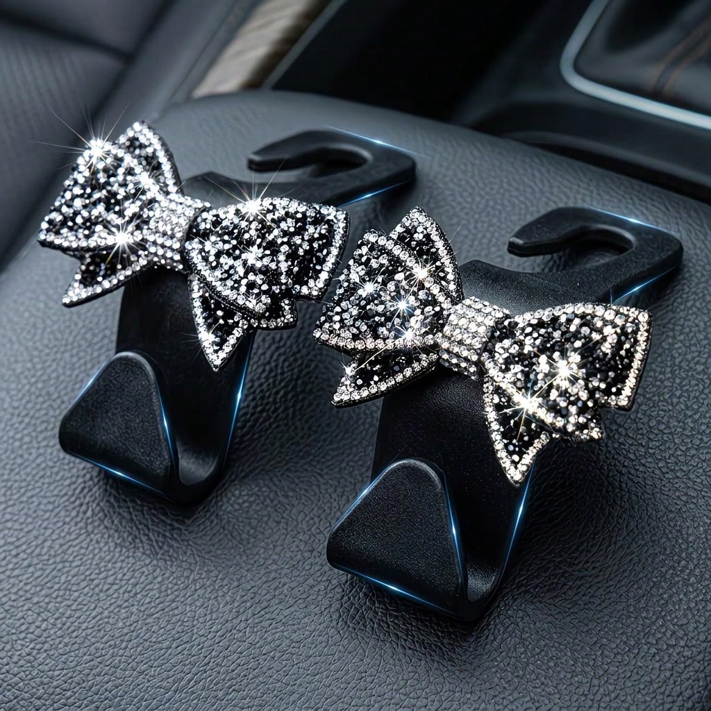 Rhinestone Bow Car Seat Hook, Multifunctional Hidden Car Hook, Cute Sparkling Back Seat Storage Hook, Car Interior Organizer Decoration, Universal Fit, No Damage To Seats, Essential For Hanging Bags A