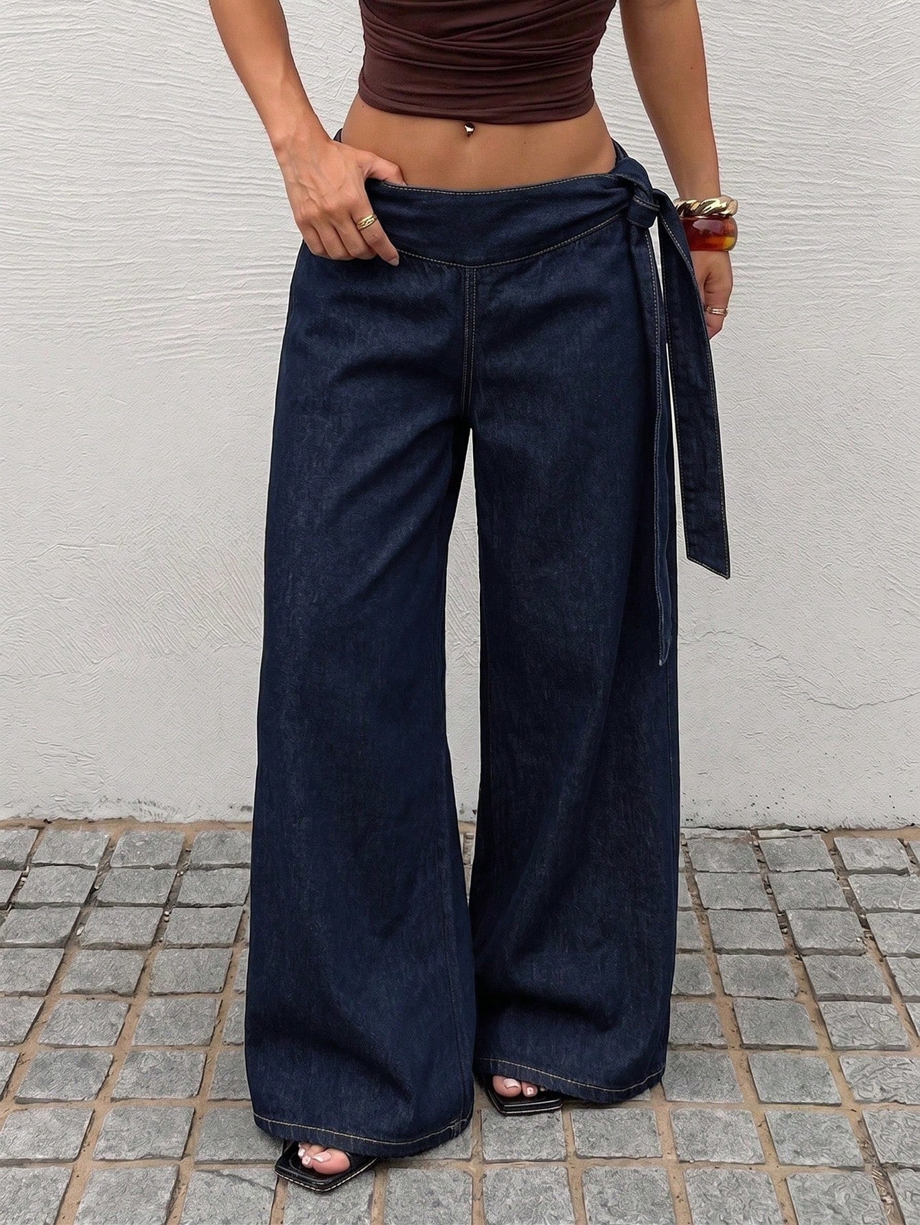 Rivivi Fashionable White Tie-Up Washed Denim Wide-Leg Pants