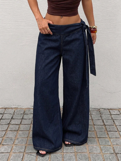 Rivivi Fashionable White Tie-Up Washed Denim Wide-Leg Pants