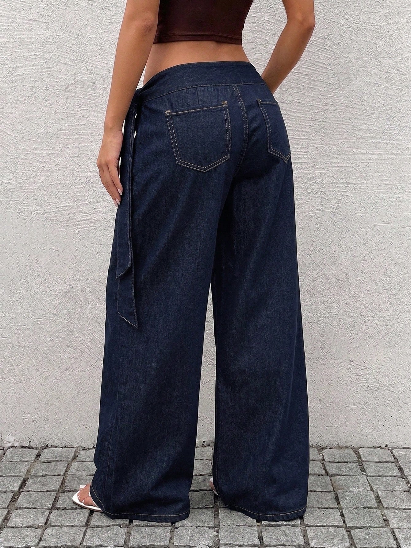 Rivivi Fashionable White Tie-Up Washed Denim Wide-Leg Pants