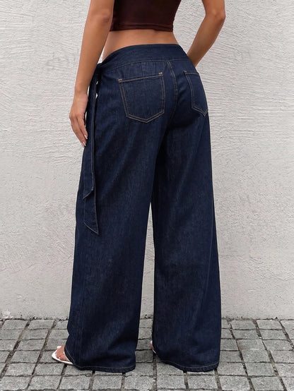 Rivivi Fashionable White Tie-Up Washed Denim Wide-Leg Pants