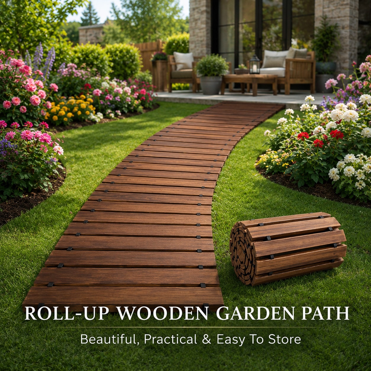 Roll-Up Wooden Garden Pathway, Outdoor Wood Walkway For Grass, Gravel, Sand & Patio, Portable Garden Boardwalk For Yard Decor