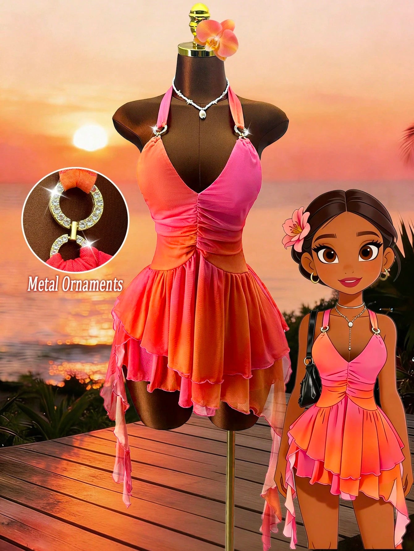 Romantic Backless Knit Mesh Ombre Pink-Orange Printed Dress, For Vacation Women's Party Short Green Dress Fairy Core Dress