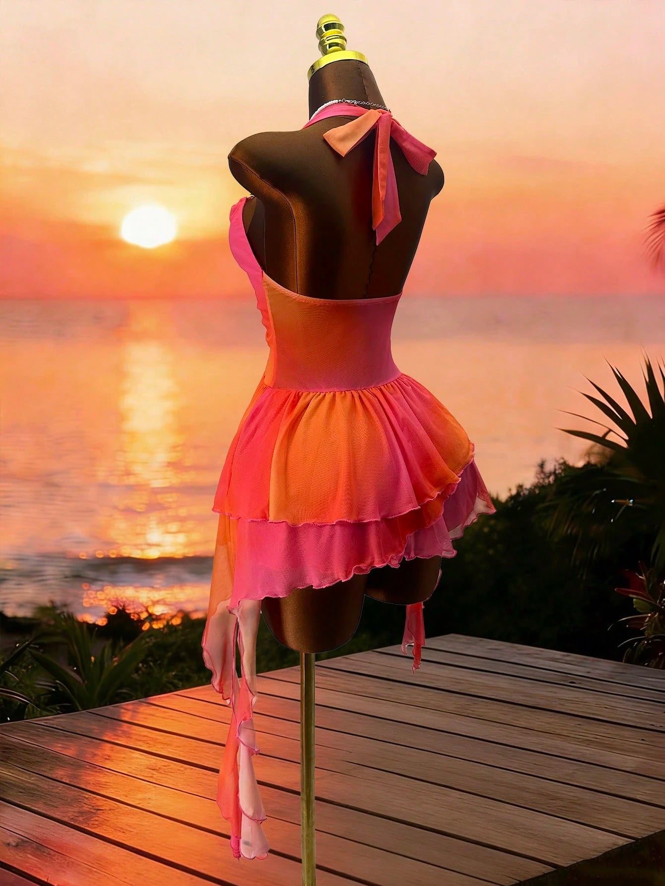 Romantic Backless Knit Mesh Ombre Pink-Orange Printed Dress, For Vacation Women's Party Short Green Dress Fairy Core Dress