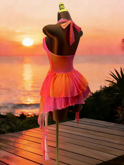 Romantic Backless Knit Mesh Ombre Pink-Orange Printed Dress, For Vacation Women's Party Short Green Dress Fairy Core Dress