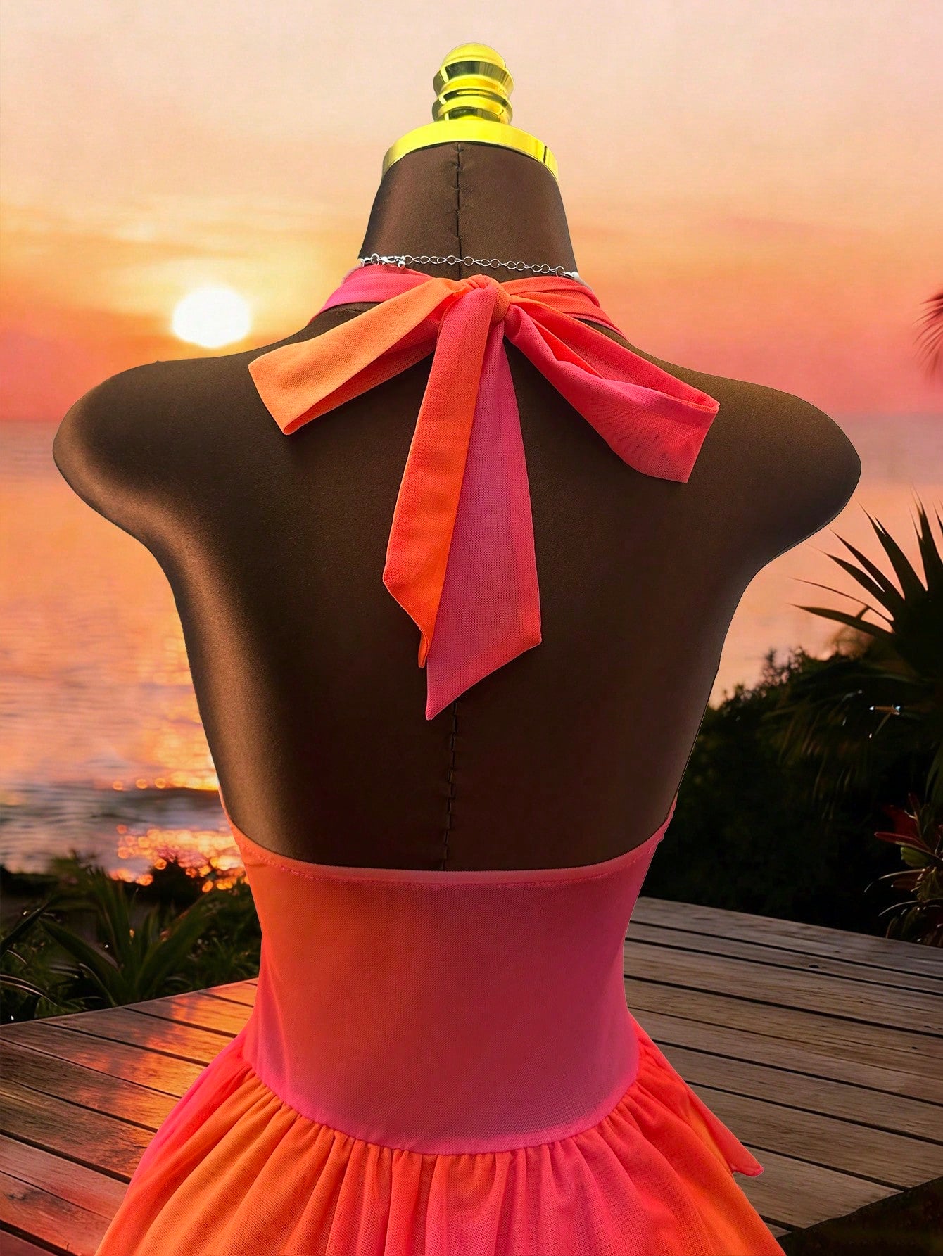 Romantic Backless Knit Mesh Ombre Pink-Orange Printed Dress, For Vacation Women's Party Short Green Dress Fairy Core Dress