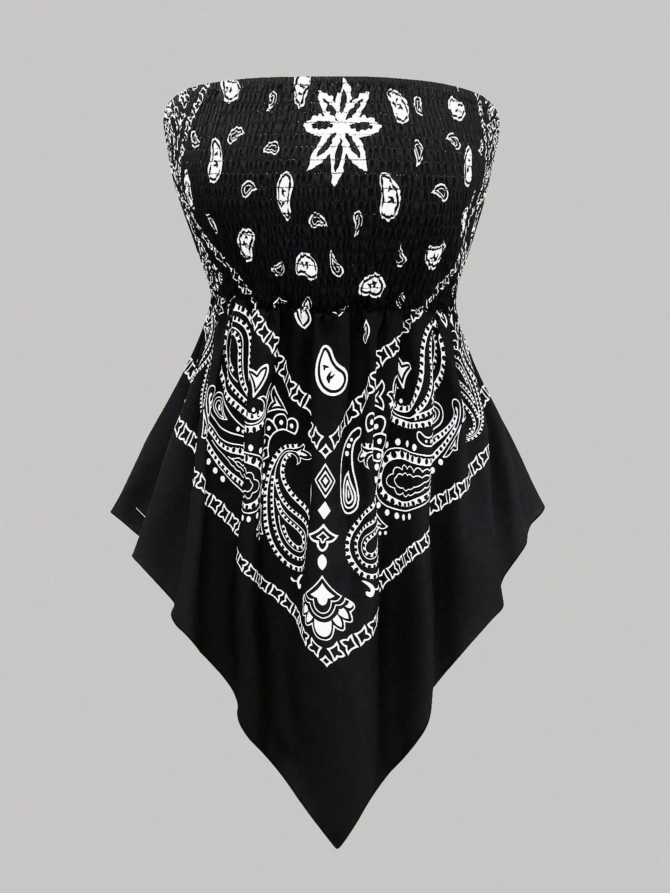 Rometta Plus Size Women's Vintage Cashew Flower Strapless Camisole, Black And White, Summer, Boho, Vacation, Holiday Tube Cinched Waist Asymmetric Hem Blouse