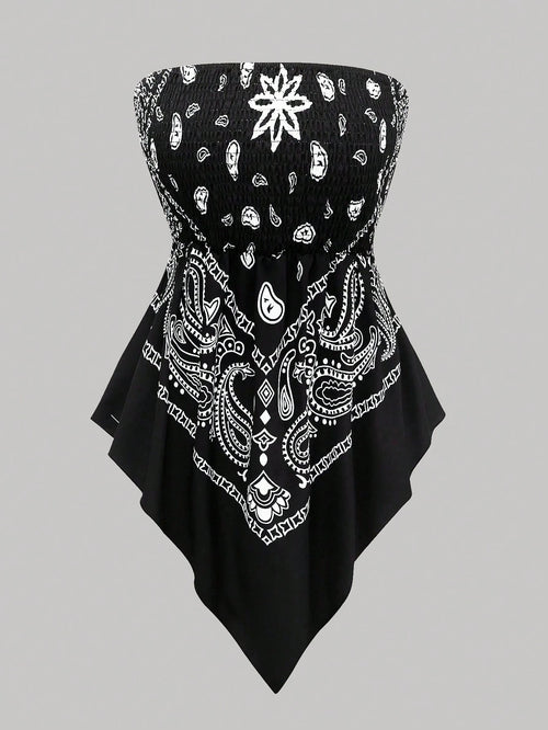 Rometta Plus Size Women's Vintage Cashew Flower Strapless Camisole, Black And White, Summer, Boho, Vacation, Holiday Tube Cinched Waist Asymmetric Hem Blouse