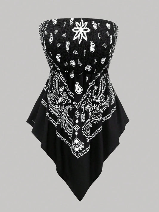 Rometta Plus Size Women's Vintage Cashew Flower Strapless Camisole, Black And White, Summer, Boho, Vacation, Holiday Tube Cinched Waist Asymmetric Hem Blouse