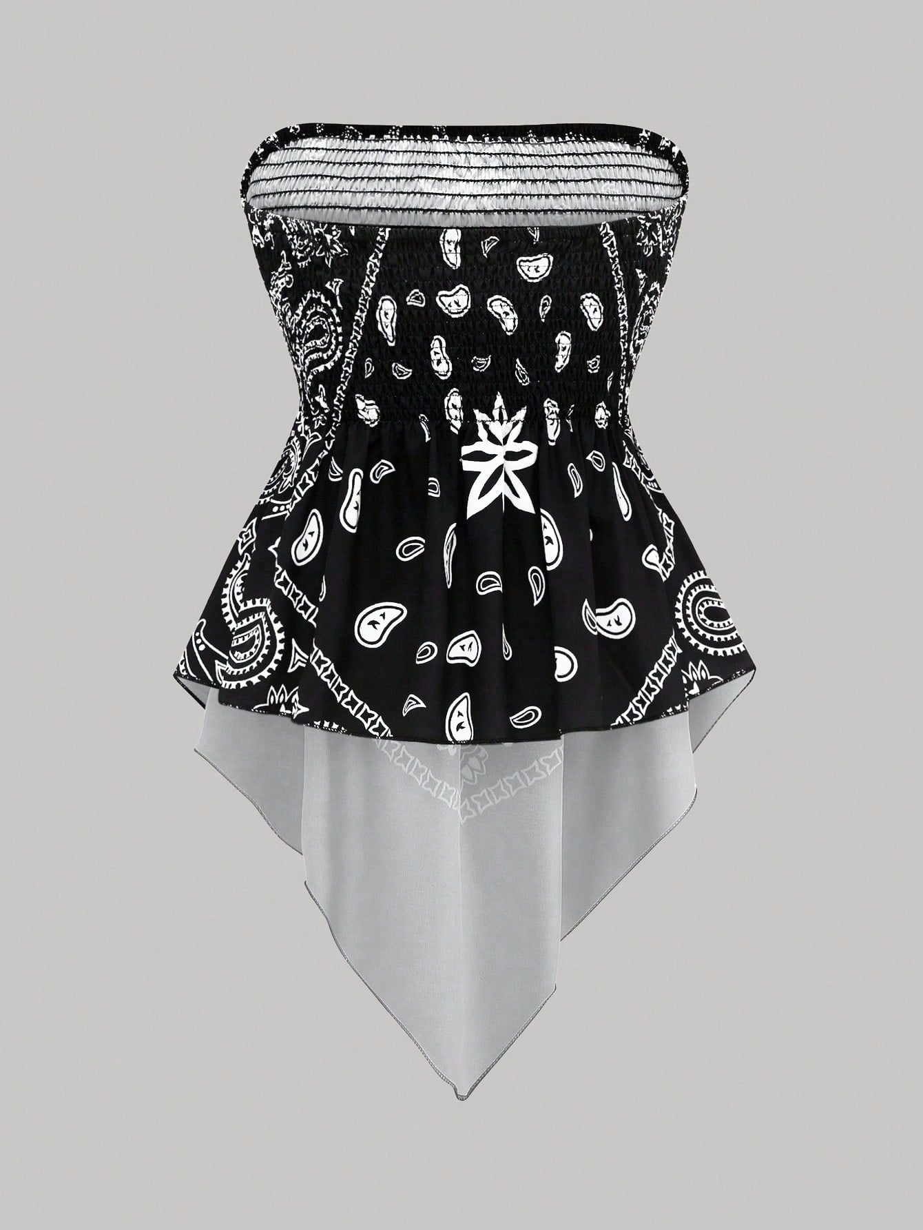 Rometta Plus Size Women's Vintage Cashew Flower Strapless Camisole, Black And White, Summer, Boho, Vacation, Holiday Tube Cinched Waist Asymmetric Hem Blouse