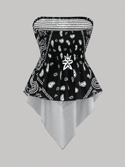 Rometta Plus Size Women's Vintage Cashew Flower Strapless Camisole, Black And White, Summer, Boho, Vacation, Holiday Tube Cinched Waist Asymmetric Hem Blouse
