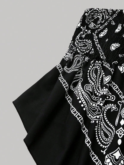 Rometta Plus Size Women's Vintage Cashew Flower Strapless Camisole, Black And White, Summer, Boho, Vacation, Holiday Tube Cinched Waist Asymmetric Hem Blouse