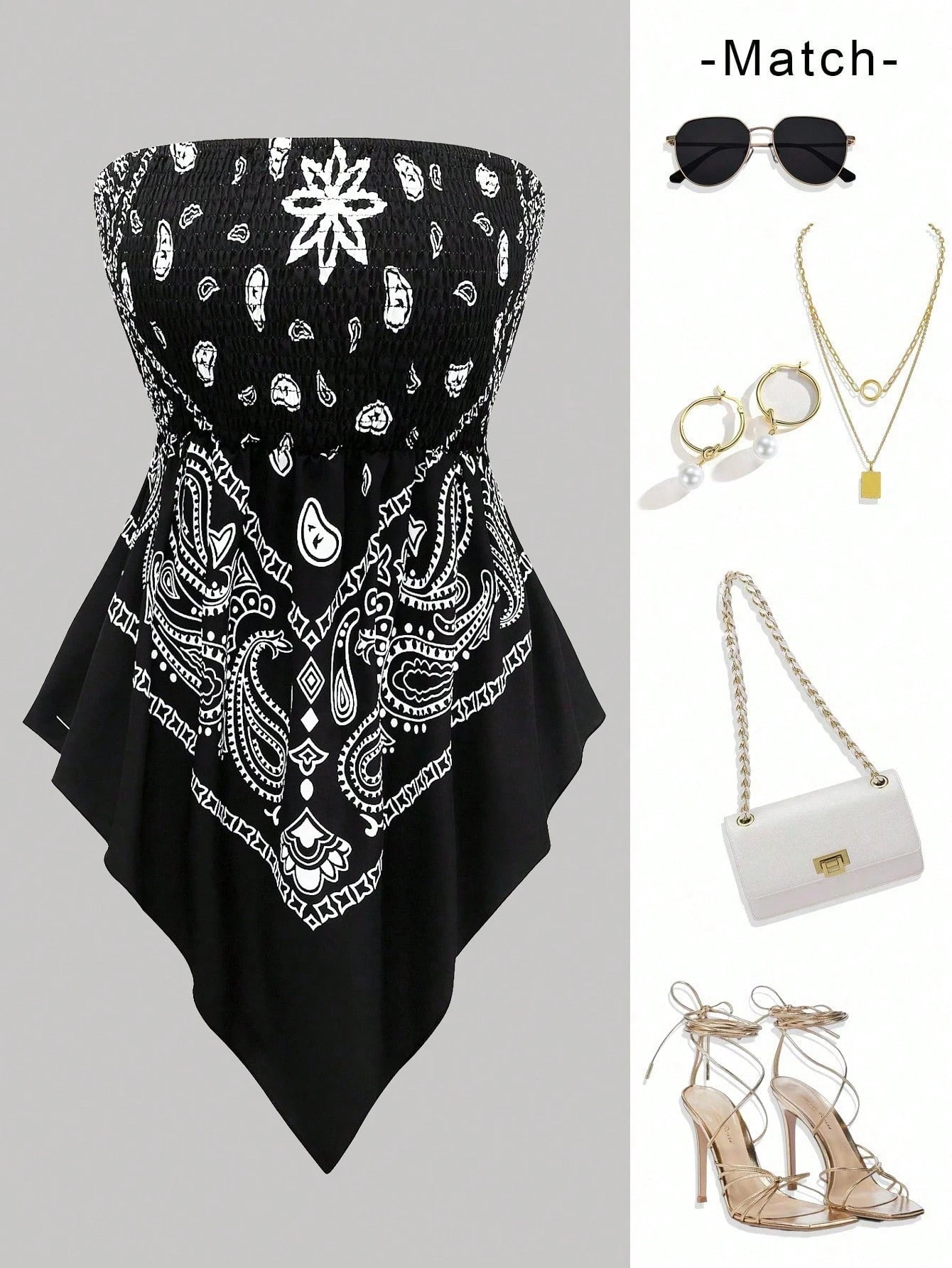 Rometta Plus Size Women's Vintage Cashew Flower Strapless Camisole, Black And White, Summer, Boho, Vacation, Holiday Tube Cinched Waist Asymmetric Hem Blouse
