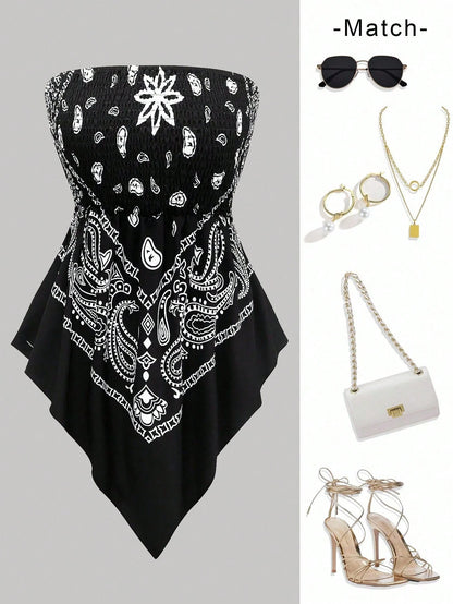 Rometta Plus Size Women's Vintage Cashew Flower Strapless Camisole, Black And White, Summer, Boho, Vacation, Holiday Tube Cinched Waist Asymmetric Hem Blouse