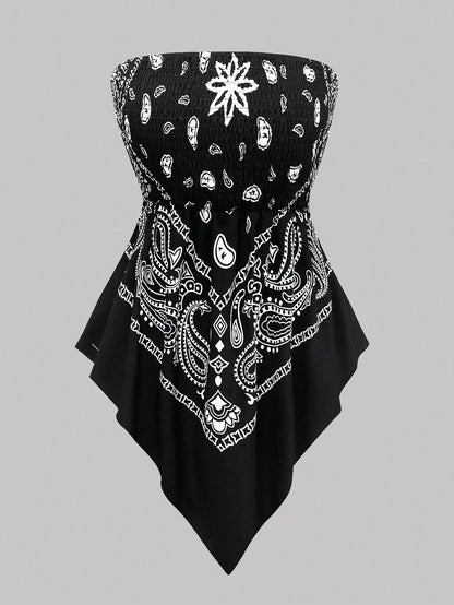 Rometta Plus Size Women's Vintage Cashew Flower Strapless Camisole, Black And White, Summer, Boho, Vacation, Holiday Tube Cinched Waist Asymmetric Hem Blouse