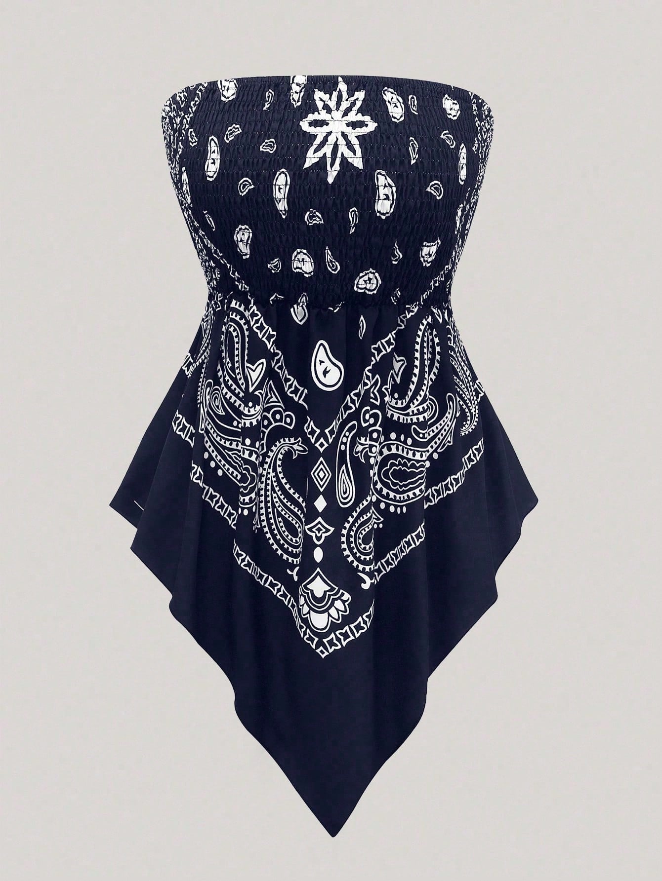 Rometta Plus Size Women's Vintage Cashew Flower Strapless Camisole, Black And White, Summer, Boho, Vacation, Holiday Tube Cinched Waist Asymmetric Hem Blouse