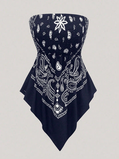 Rometta Plus Size Women's Vintage Cashew Flower Strapless Camisole, Black And White, Summer, Boho, Vacation, Holiday Tube Cinched Waist Asymmetric Hem Blouse