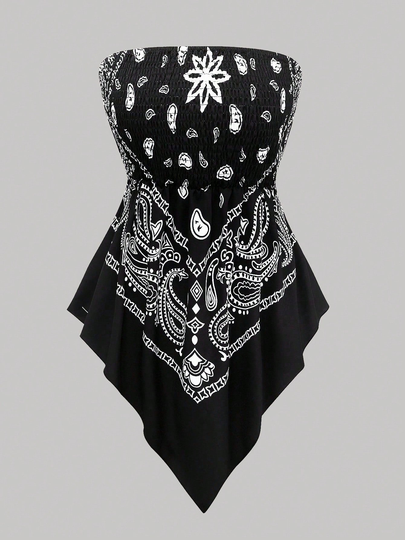 Rometta Plus Size Women's Vintage Cashew Flower Strapless Camisole, Black And White, Summer, Boho, Vacation, Holiday Tube Cinched Waist Asymmetric Hem Blouse