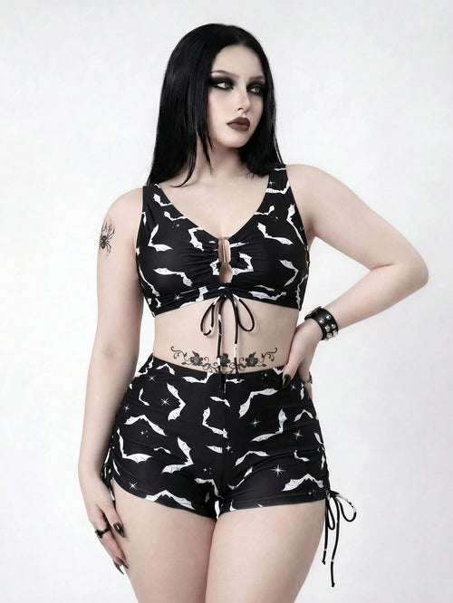 ROMWE 2026 Spring/Summer Plus Size Gothic Goth Bat Print Swimwear Set For Women Beach Party Black